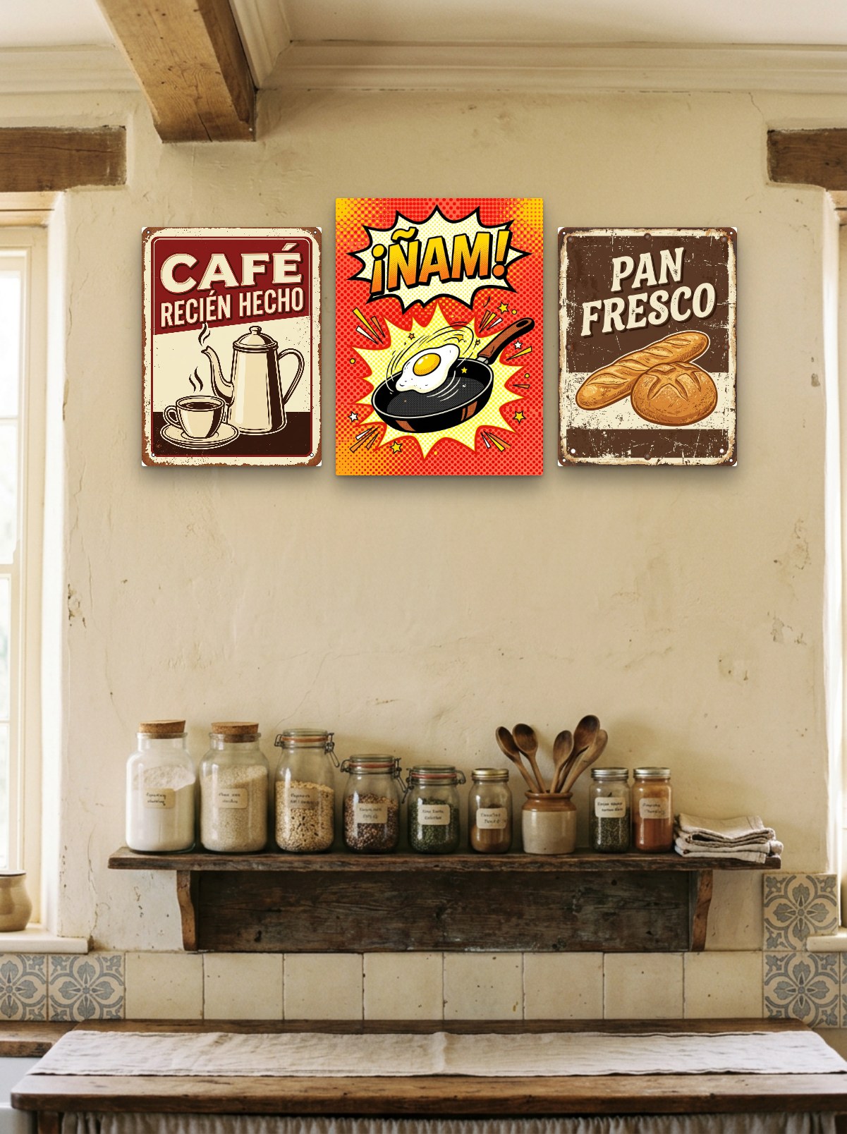 Pared de una cocina decorada con cuadros del pack